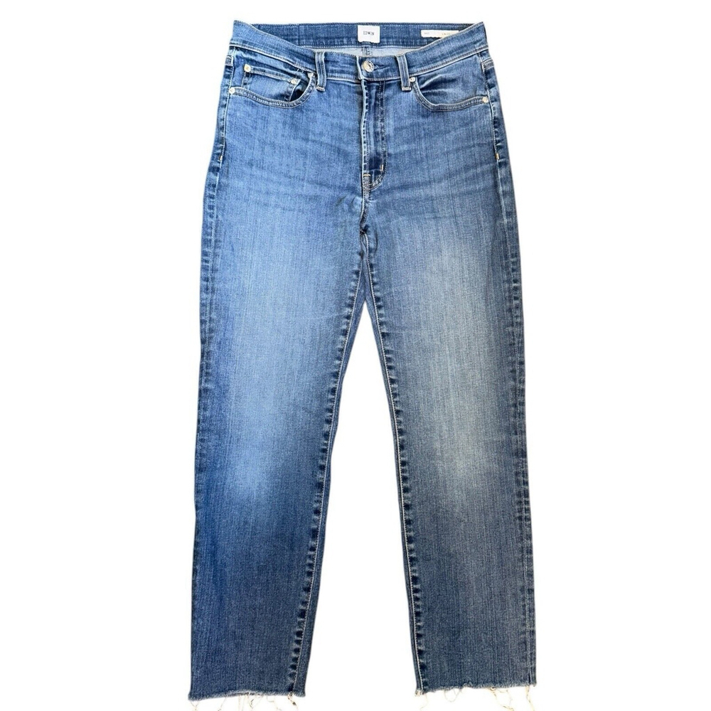 Edwin Bree Slim Straight Crop Jeans in Deja Blue Women's Size 27 Frayed Hem Edge